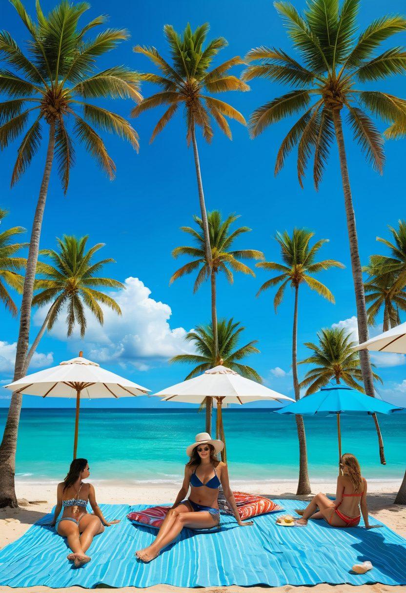 A sun-kissed beach scene showcasing a vibrant collection of trendy bikinis and chic beachwear. Include diverse models of different body types enjoying the sun, lounging on colorful beach towels, sipping refreshing cocktails. The background features azure ocean waves and a bright blue sky with fluffy clouds, along with stylish beach umbrellas and tropical palm trees. Capture the essence of summer vibes with bold colors and a tropical feel. super-realistic. vibrant colors. 3D.